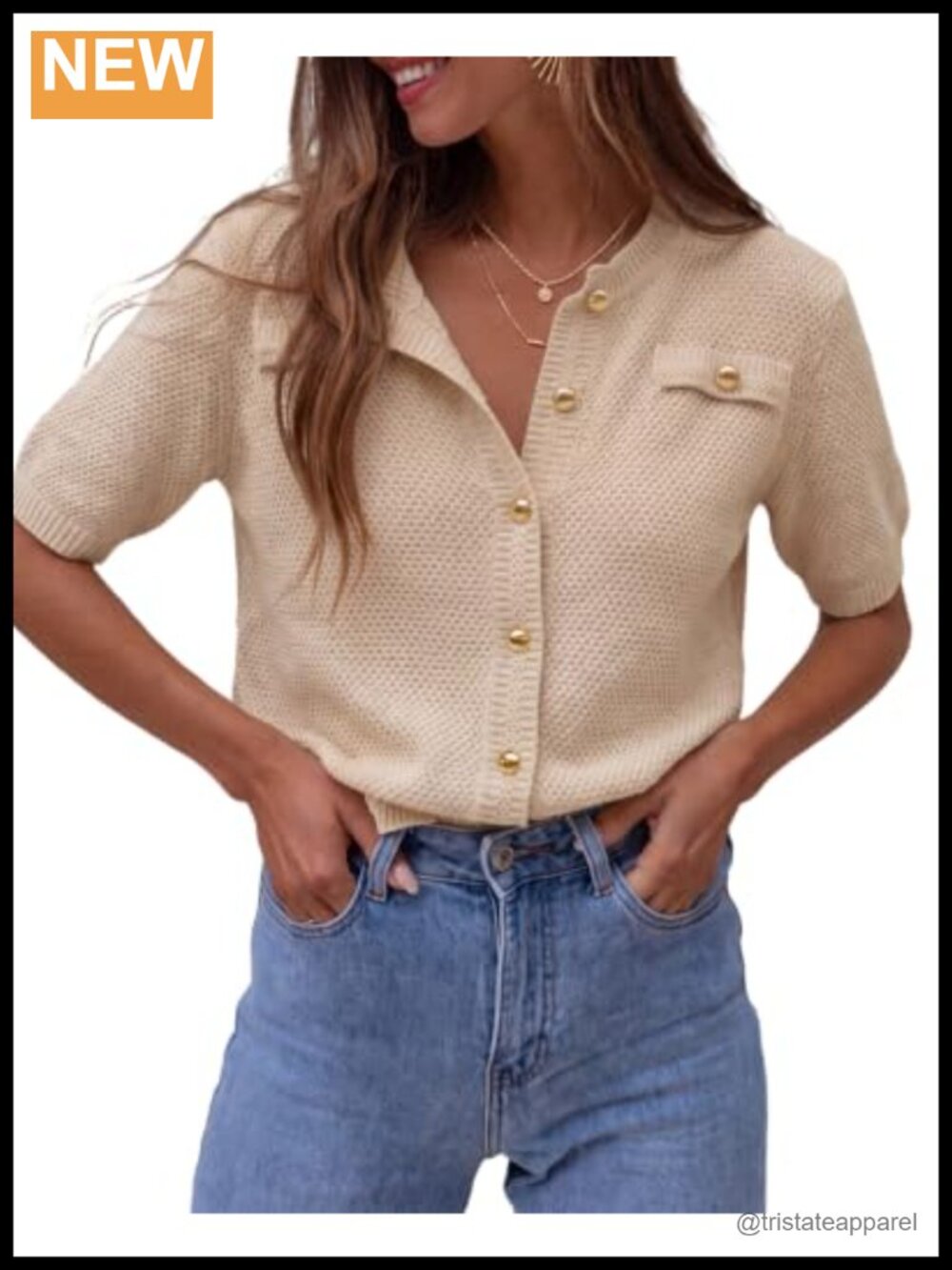 Women's Hollow Out Short Sleeve V-Neck Button Down Blouse Viscose Knit Top